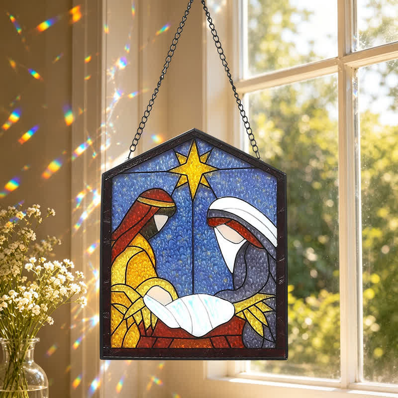 Christianartworkshop Star Guided Nativity Stained Glass Suncatcher: Token of Peaceful Divine Arrival - 3.11''*2.52''/7.9*6.4cm - image 0