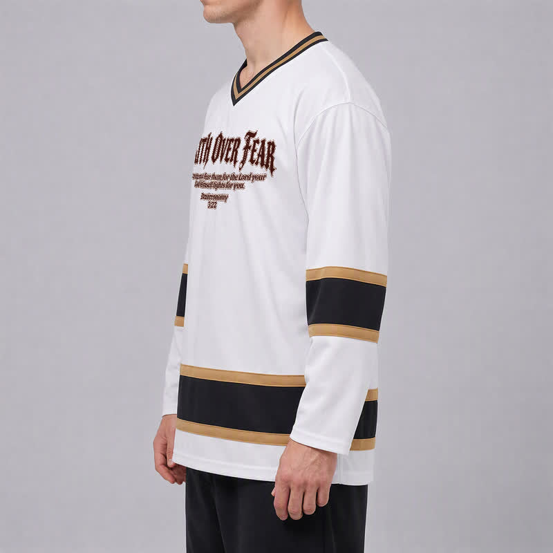 Christianartworkshop Faith Over Fear Gold Trim Long Sleeve Hockey Jersey - image 5