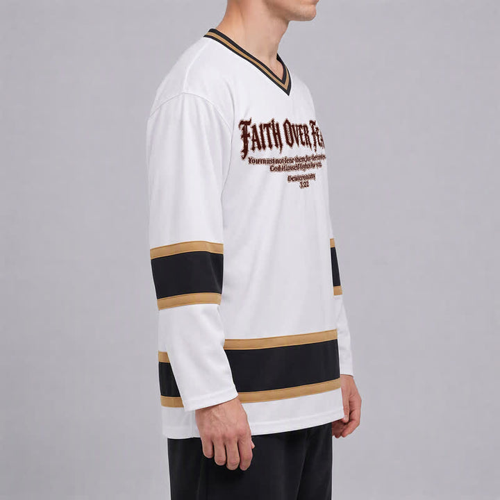 Christianartworkshop Faith Over Fear Gold Trim Long Sleeve Hockey Jersey - image 6
