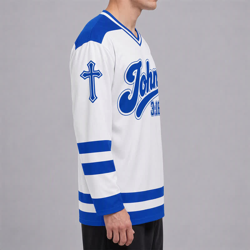 Christianartworkshop John 3:16 Salvation Royal Blue Long Sleeve Hockey Jersey - image 6