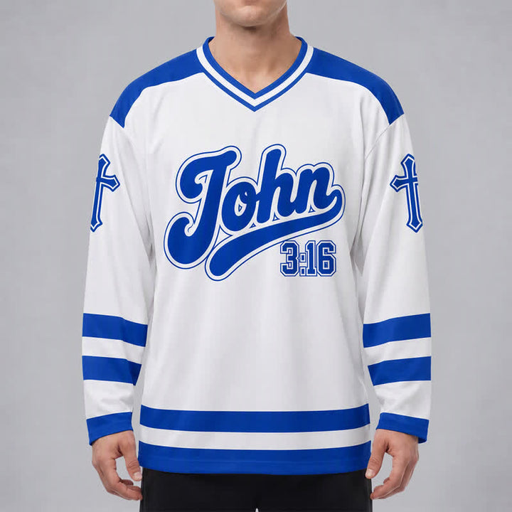 Christianartworkshop John 3:16 Salvation Royal Blue Long Sleeve Hockey Jersey - image 3