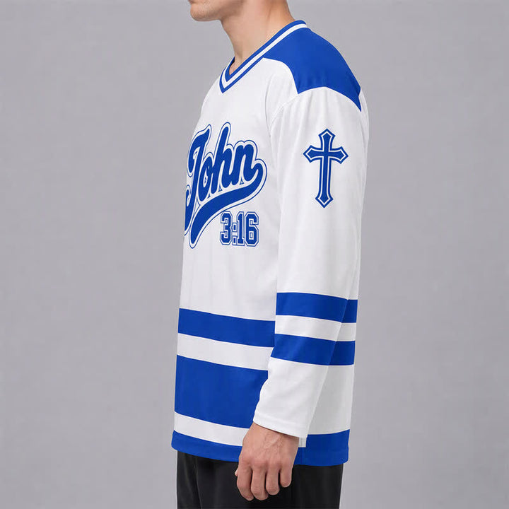 Christianartworkshop John 3:16 Salvation Royal Blue Long Sleeve Hockey Jersey - image 5