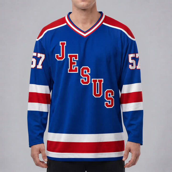 Christianartworkshop Jesus Faith 57 Blue Stripe Long Sleeve Hockey Jersey - image 3