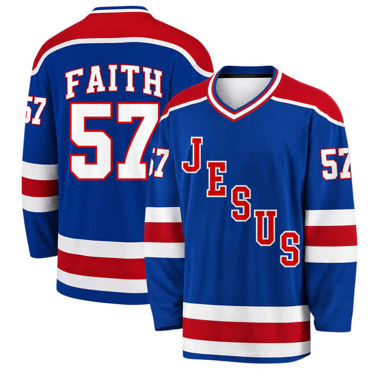 Christianartworkshop Jesus Faith 57 Blue Stripe Long Sleeve Hockey Jersey - 5XL - image 0