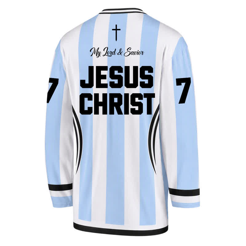 Christianartworkshop Jesus King Of Kings Striped Long Sleeve Hockey Jersey - image 2