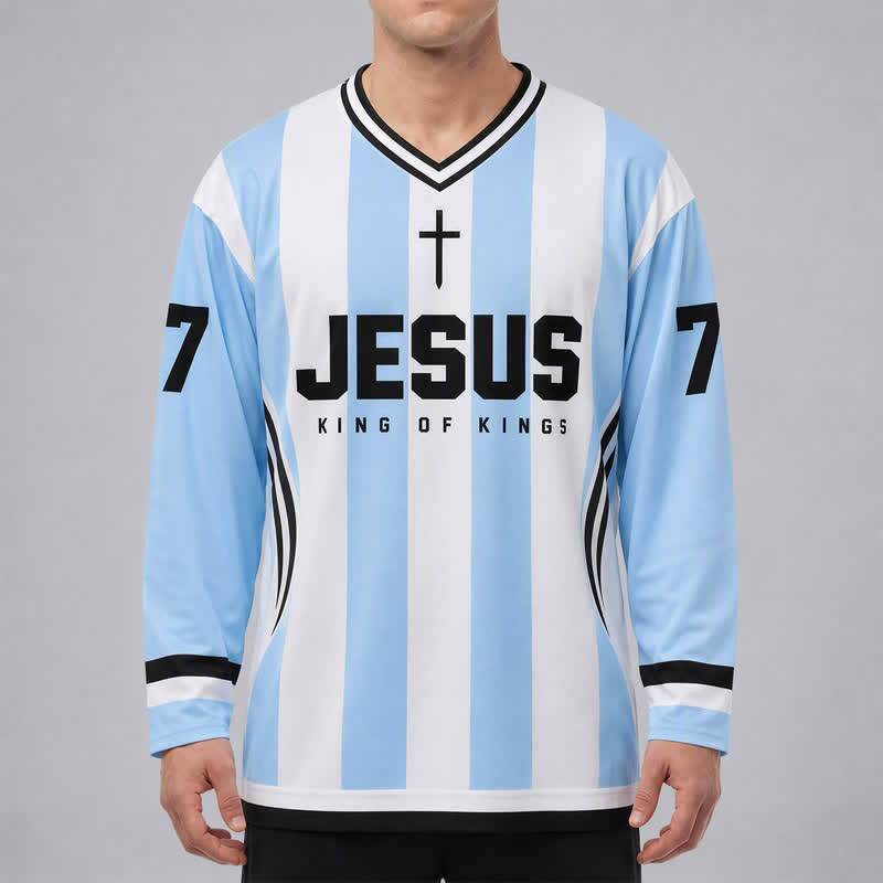 Christianartworkshop Jesus King Of Kings Striped Long Sleeve Hockey Jersey - image 3