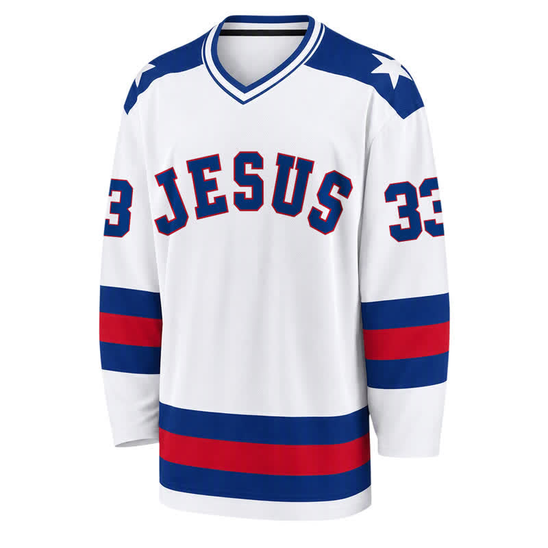 Christianartworkshop Jesus Is King 33 Varsity Long Sleeve Hockey Jersey - image 1