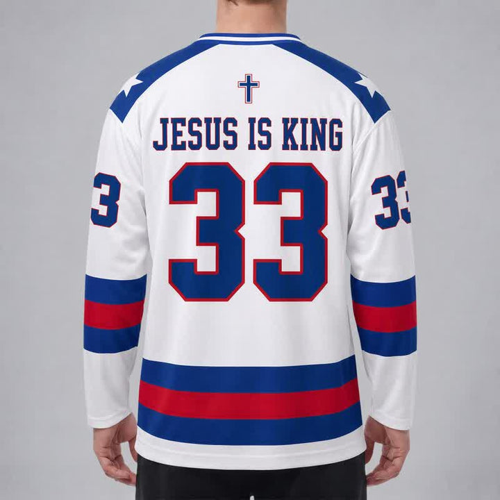 Christianartworkshop Jesus Is King 33 Varsity Long Sleeve Hockey Jersey - image 4
