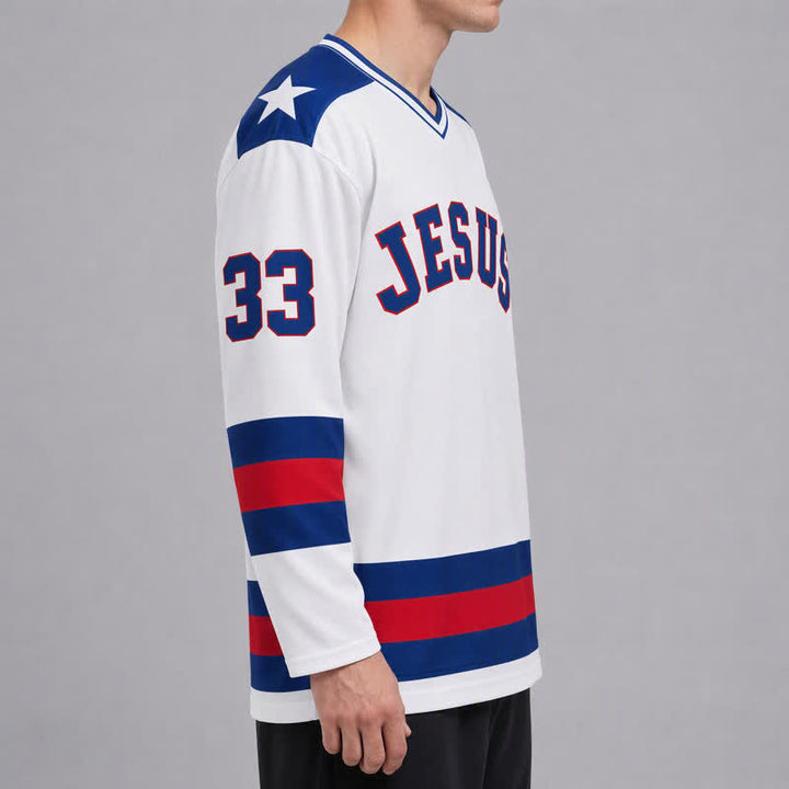 Christianartworkshop Jesus Is King 33 Varsity Long Sleeve Hockey Jersey - image 6