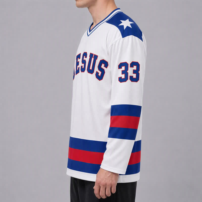 Christianartworkshop Jesus Is King 33 Varsity Long Sleeve Hockey Jersey - image 5