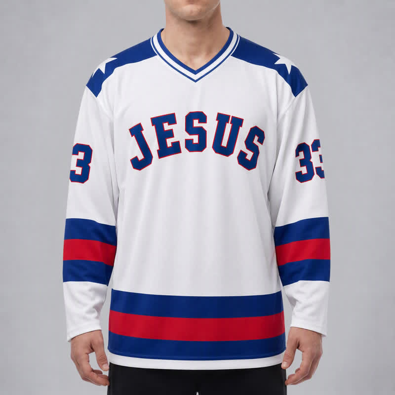 Christianartworkshop Jesus Is King 33 Varsity Long Sleeve Hockey Jersey - image 3