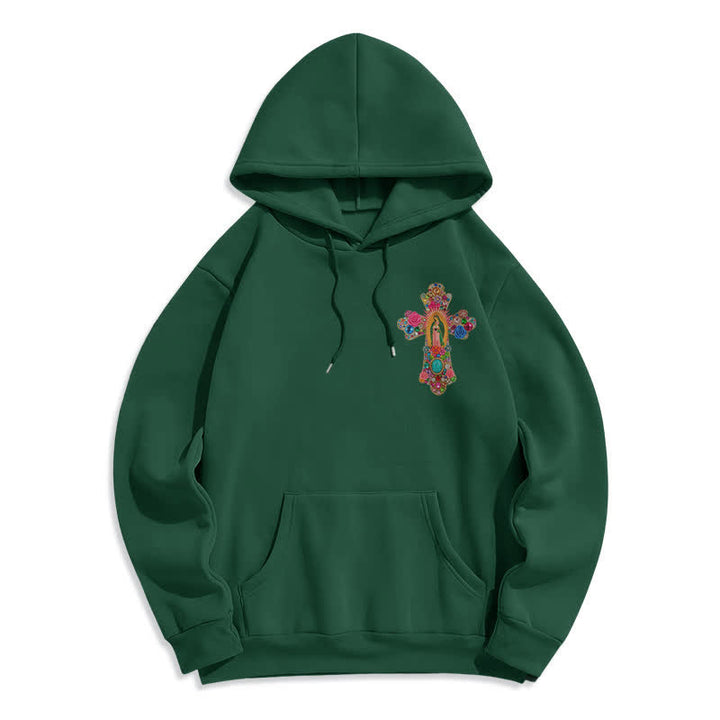 Christianartworkshop Faith Cross Floral Embroidered Cream Fleece Pullover Hoodie - Green - 2XL - image 7