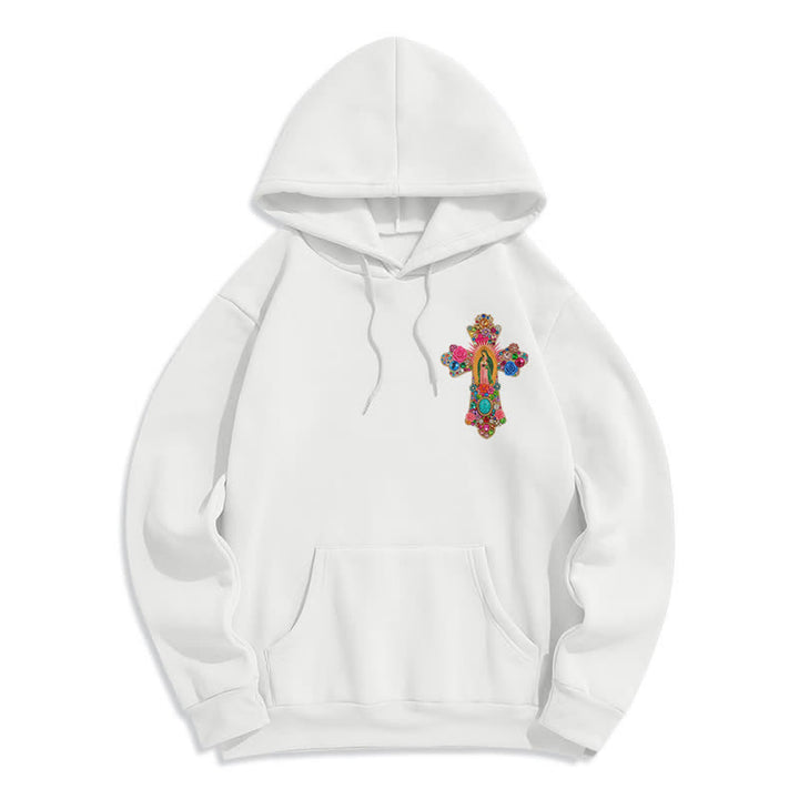Christianartworkshop Faith Cross Floral Embroidered Cream Fleece Pullover Hoodie - White - 2XL - image 2