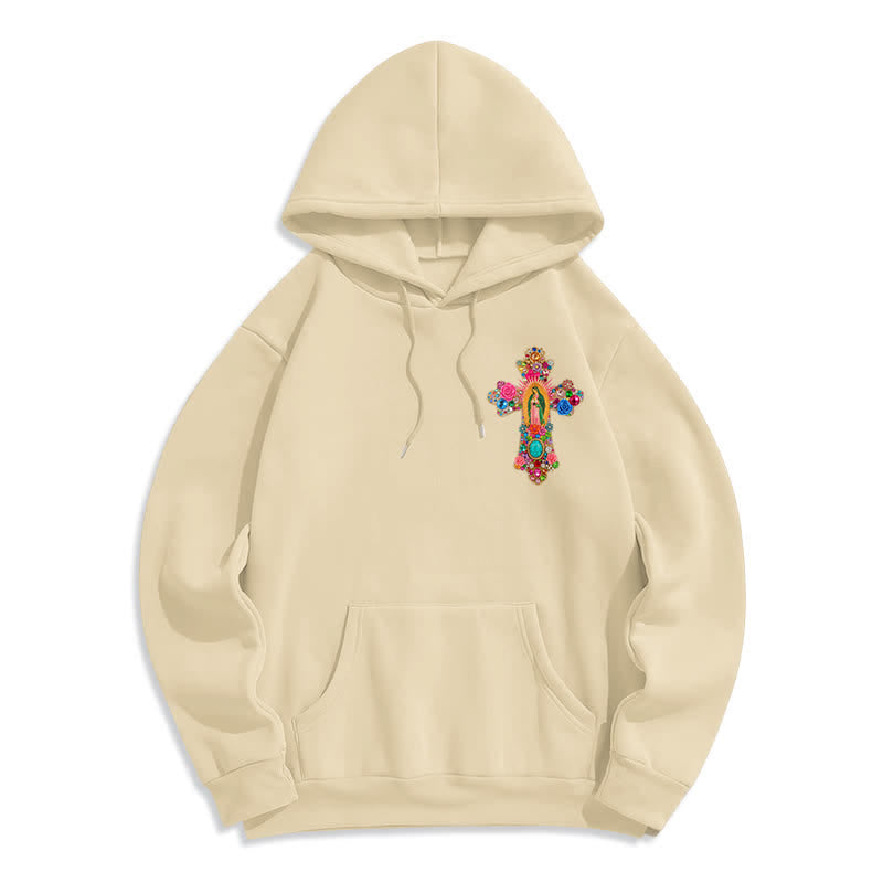 Christianartworkshop Faith Cross Floral Embroidered Cream Fleece Pullover Hoodie - Beige - 2XL - image 0