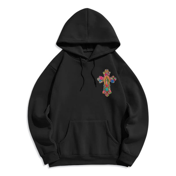 Christianartworkshop Faith Cross Floral Embroidered Cream Fleece Pullover Hoodie - Black - 2XL - image 1