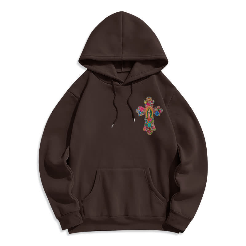 Christianartworkshop Faith Cross Floral Embroidered Cream Fleece Pullover Hoodie - Brown - 2XL - image 4
