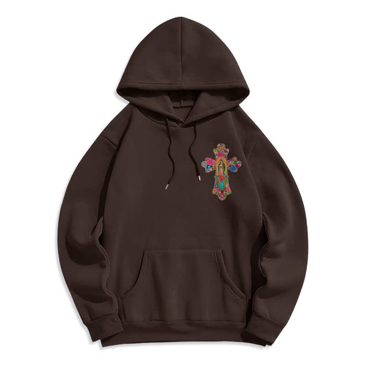 Christianartworkshop Faith Cross Floral Embroidered Cream Fleece Pullover Hoodie - Brown - 2XL - image 4
