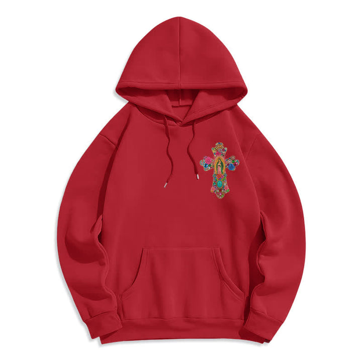 Christianartworkshop Faith Cross Floral Embroidered Cream Fleece Pullover Hoodie - Red - 2XL - image 5