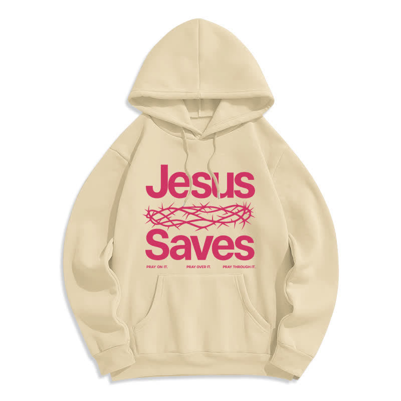 Christianartworkshop Jesus Saves Thorn Crown Streetwear Fleece Lined Hoodie - Beige - 2XL - image 6