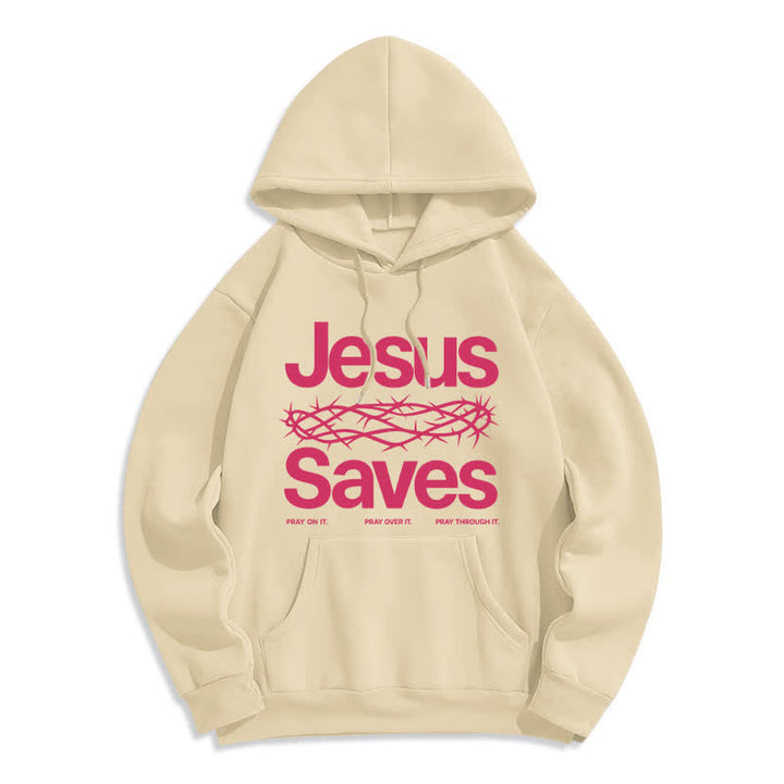 Christianartworkshop Jesus Saves Thorn Crown Streetwear Fleece Lined Hoodie - Beige - 2XL - image 6