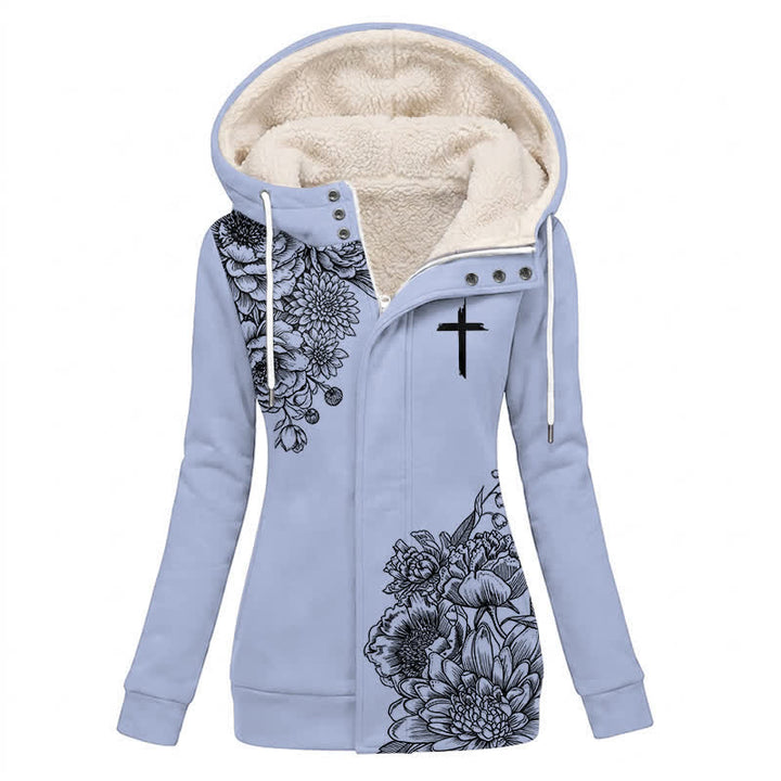 Christianartworkshop Floral Cross Hooded Jacket with Cozy Fleece Lining Women's Winter Coat - 4XL - image 0