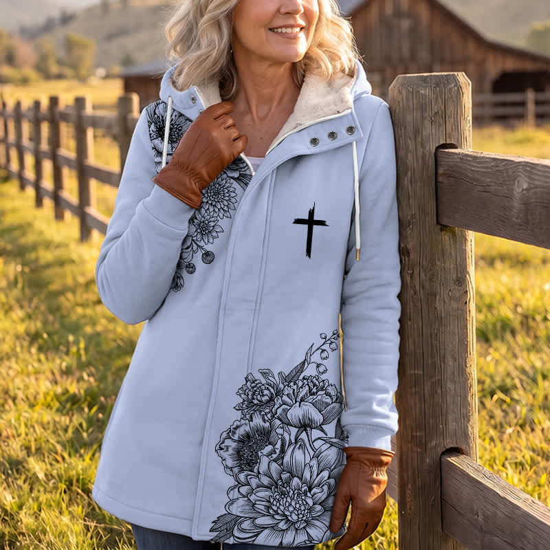 Christianartworkshop Floral Cross Hooded Jacket with Cozy Fleece Lining Women's Winter Coat - image 3