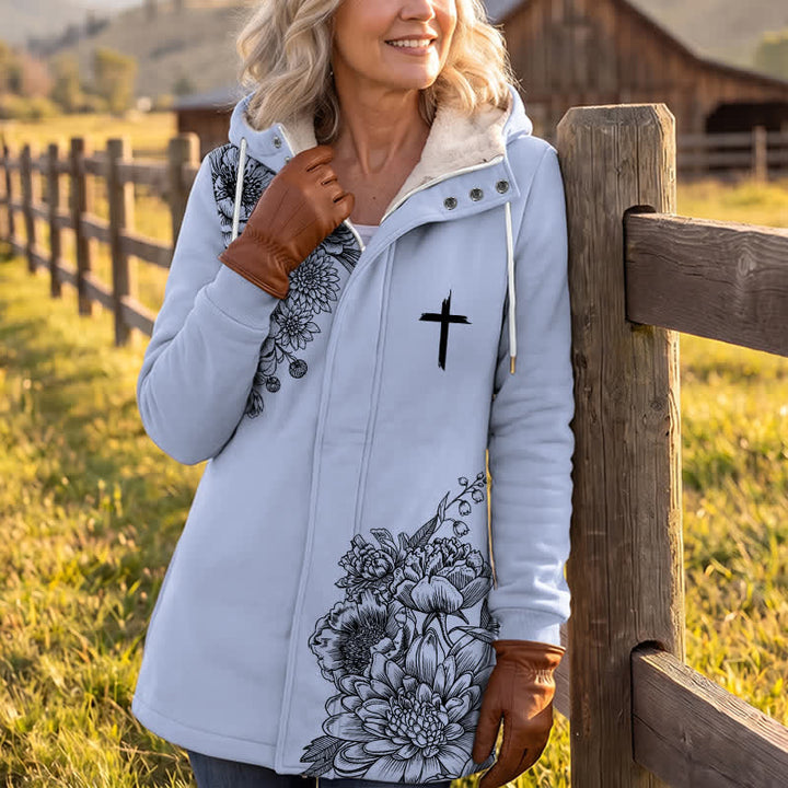 Christianartworkshop Floral Cross Hooded Jacket with Cozy Fleece Lining Women's Winter Coat - image 3