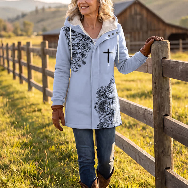 Christianartworkshop Floral Cross Hooded Jacket with Cozy Fleece Lining Women's Winter Coat - image 2