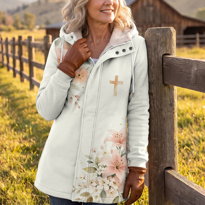 Christianartworkshop Floral Cross Hooded Jacket Winter Fleece Coat - image 3