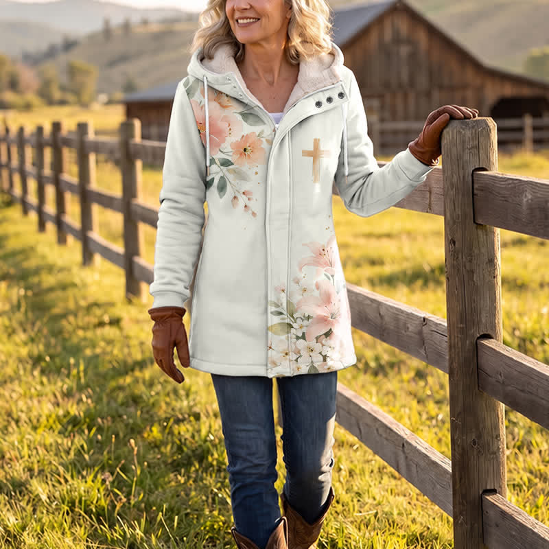 Christianartworkshop Floral Cross Hooded Jacket Winter Fleece Coat - image 2
