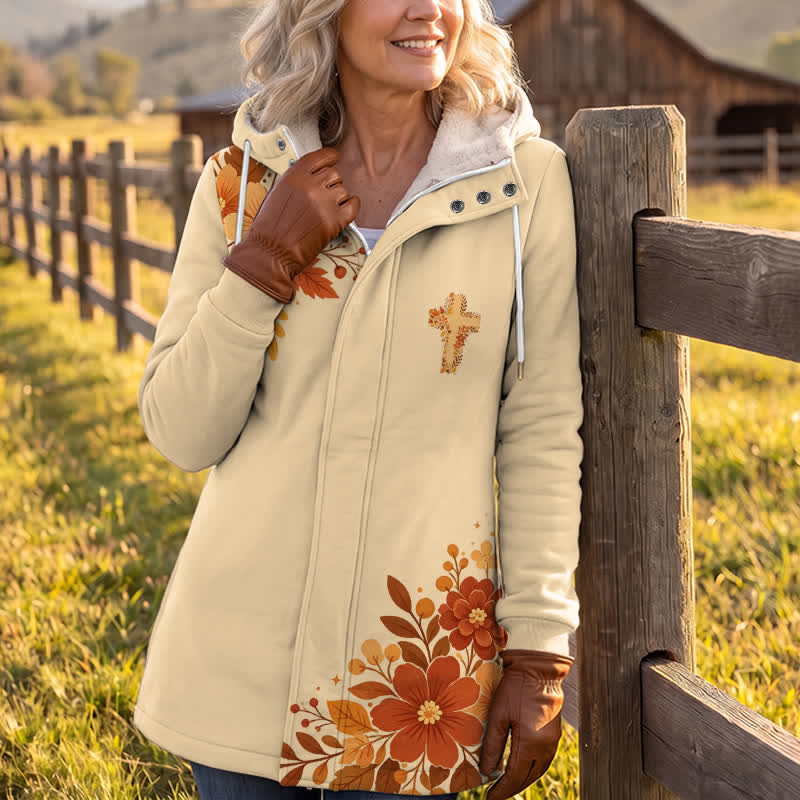 Christianartworkshop Cream Autumn Floral Fleece Hooded Winter Warmth Coat - image 3