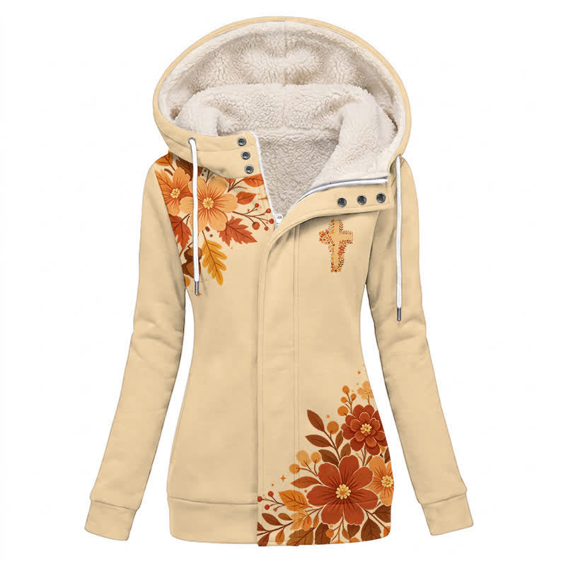 Christianartworkshop Cream Autumn Floral Fleece Hooded Winter Warmth Coat - US16,UK/AU20,EU48(4XL) - image 0