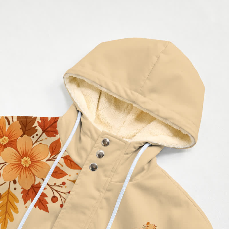Christianartworkshop Cream Autumn Floral Fleece Hooded Winter Warmth Coat - image 4