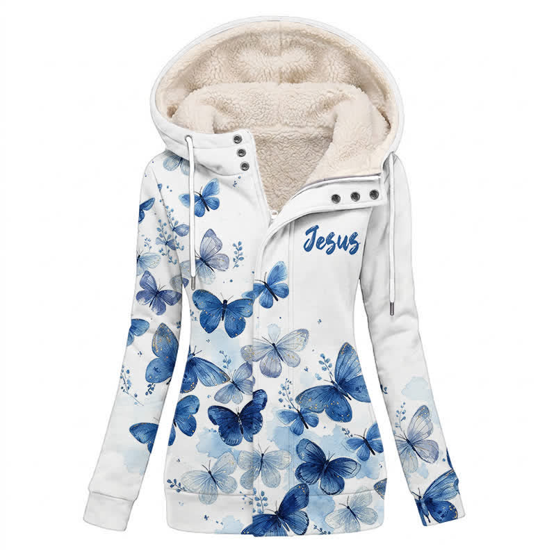 Christianartworkshop Blue Butterfly Jesus Fleece Hooded Winter Jacket Coat - US16,UK/AU20,EU48(4XL) - image 0