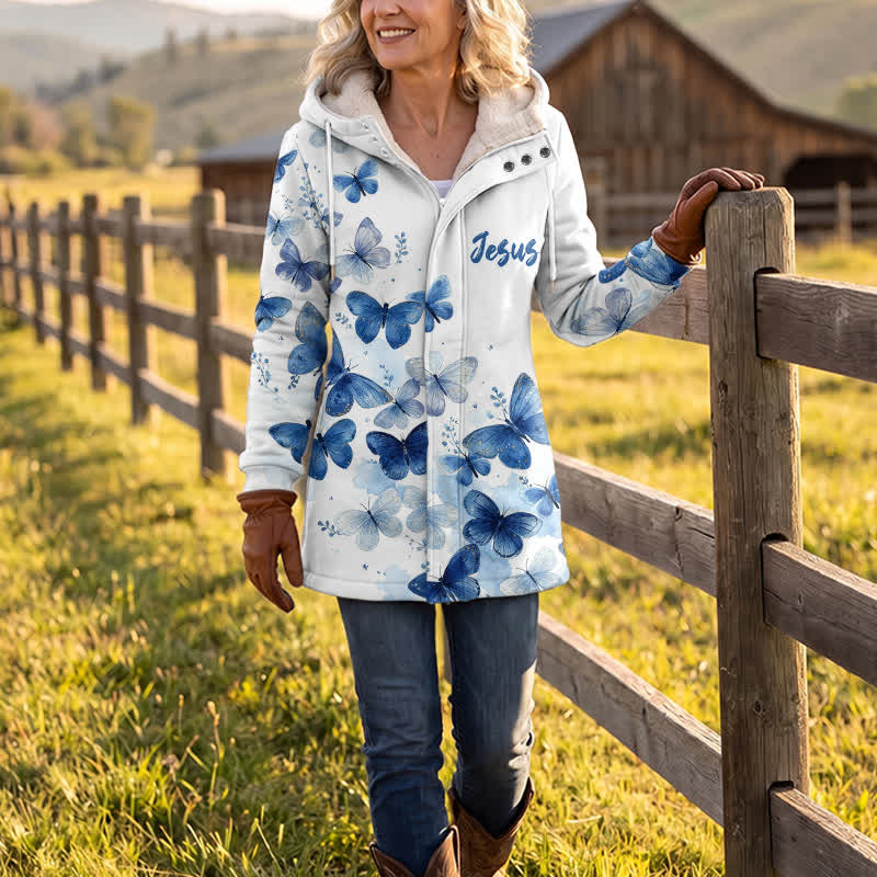 Christianartworkshop Blue Butterfly Jesus Fleece Hooded Winter Jacket Coat - image 2
