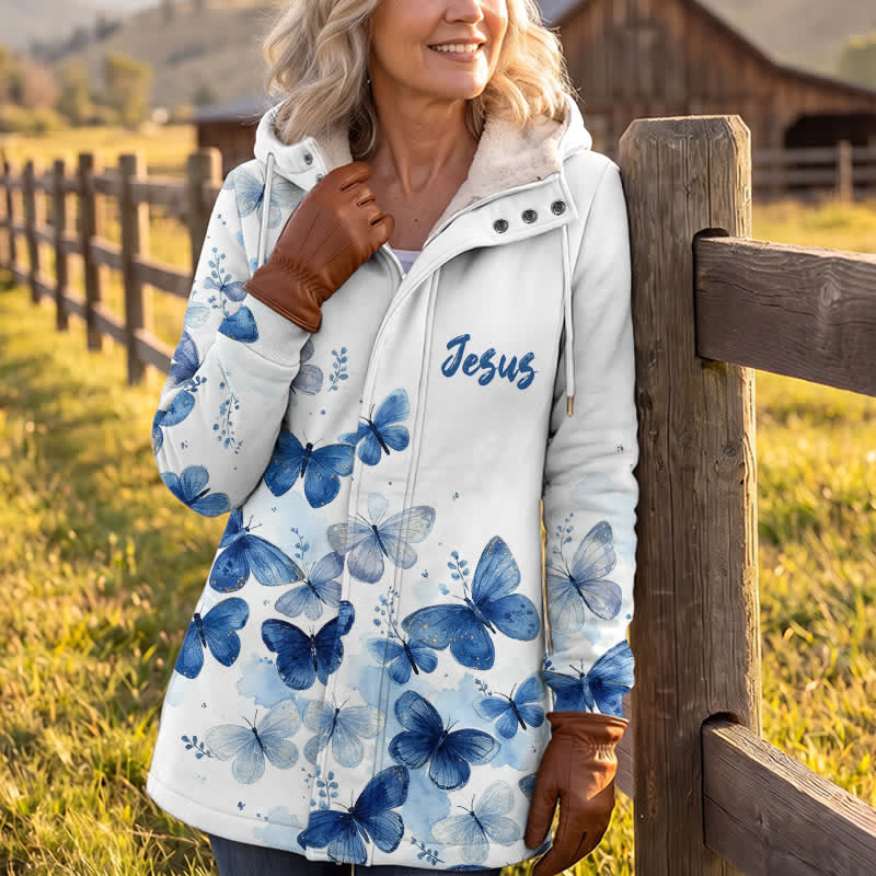 Christianartworkshop Blue Butterfly Jesus Fleece Hooded Winter Jacket Coat - image 3