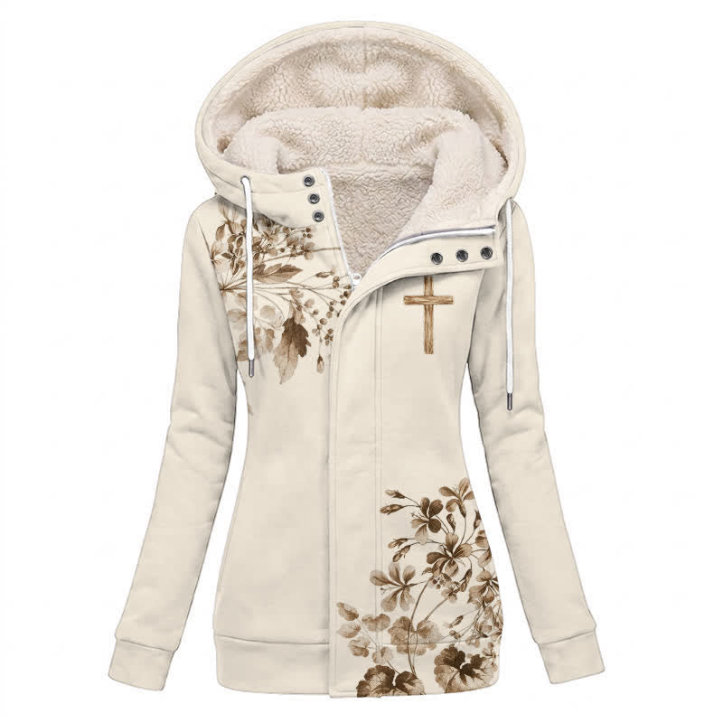 Christianartworkshop Beige Brown Flora & Wooden Pattern-Designed Cross Fleece Hooded Winter Jacket Coat - US16,UK/AU20,EU48(4XL) - image 0