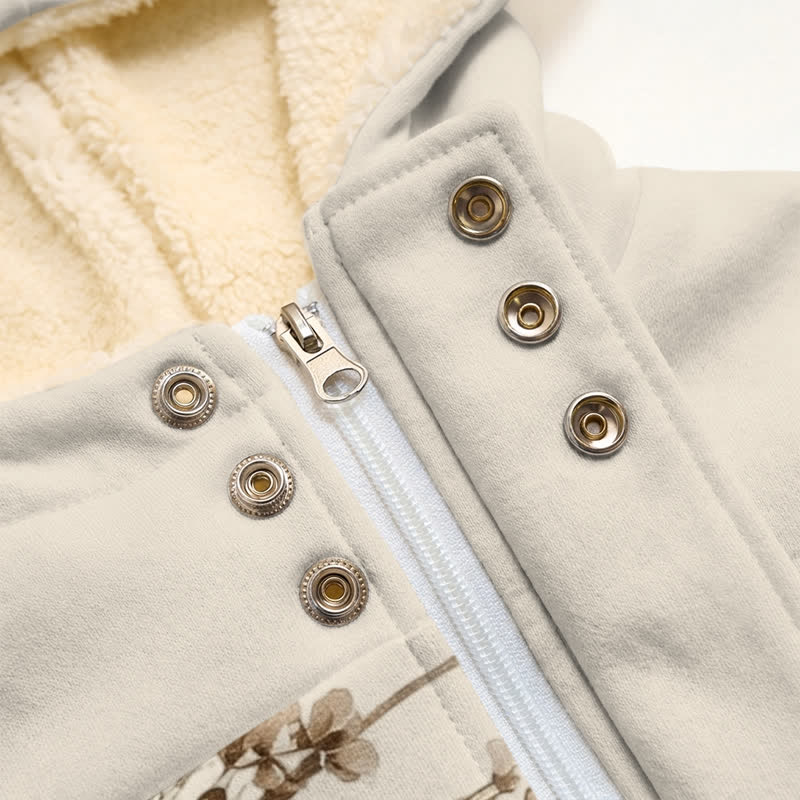 Christianartworkshop Beige Brown Flora & Wooden Pattern-Designed Cross Fleece Hooded Winter Jacket Coat - image 5