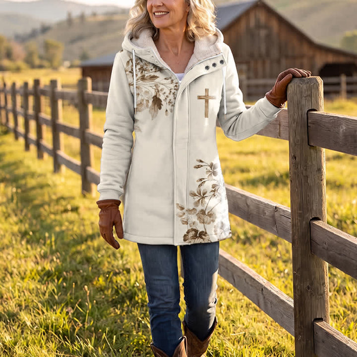 Christianartworkshop Beige Brown Flora & Wooden Pattern-Designed Cross Fleece Hooded Winter Jacket Coat - image 2