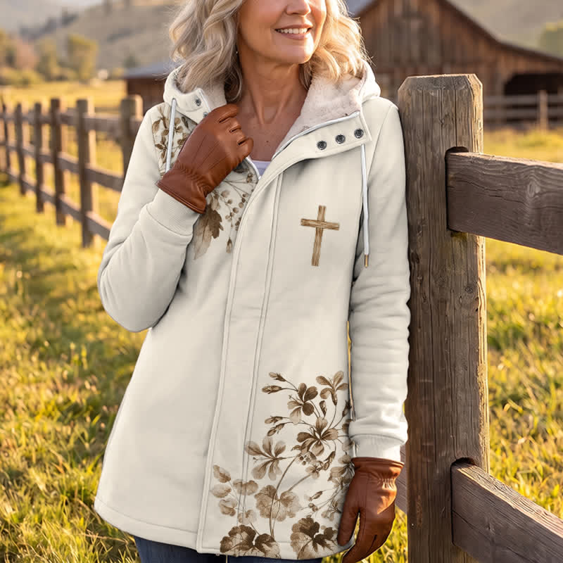 Christianartworkshop Beige Brown Flora & Wooden Pattern-Designed Cross Fleece Hooded Winter Jacket Coat - image 3
