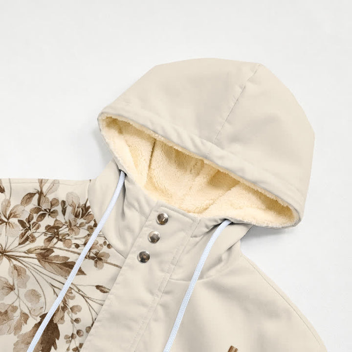 Christianartworkshop Beige Brown Flora & Wooden Pattern-Designed Cross Fleece Hooded Winter Jacket Coat - image 4