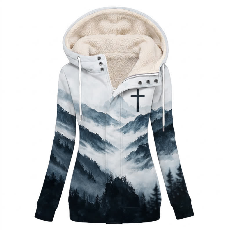 Christianartworkshop Cool-Toned Misty Mountain Cross Fleece Lined Hooded Winter Jacket Coat - US16,UK/AU20,EU48(4XL) - image 0