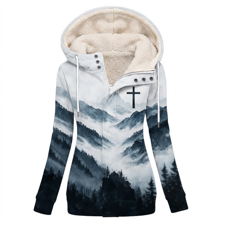 Christianartworkshop Cool-Toned Misty Mountain Cross Fleece Lined Hooded Winter Jacket Coat - US16,UK/AU20,EU48(4XL) - image 0