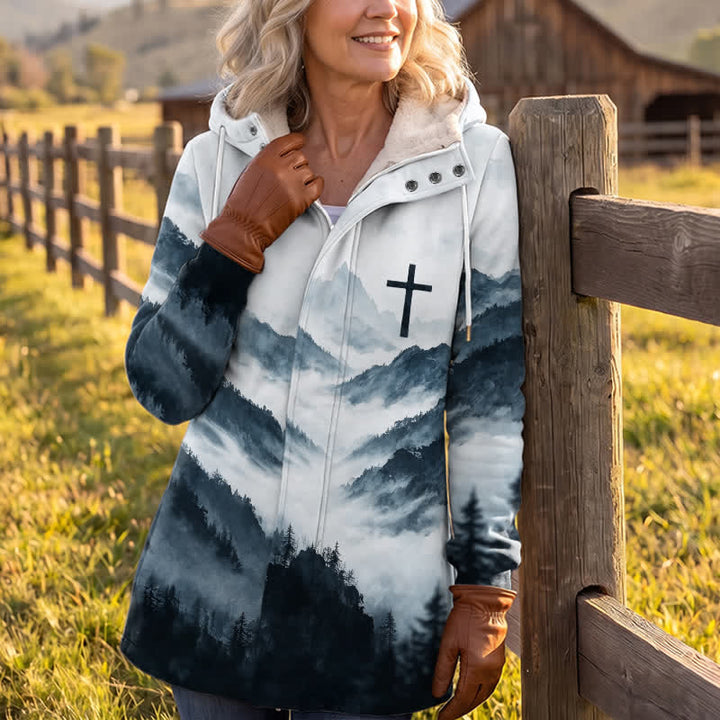 Christianartworkshop Cool-Toned Misty Mountain Cross Fleece Lined Hooded Winter Jacket Coat - image 3