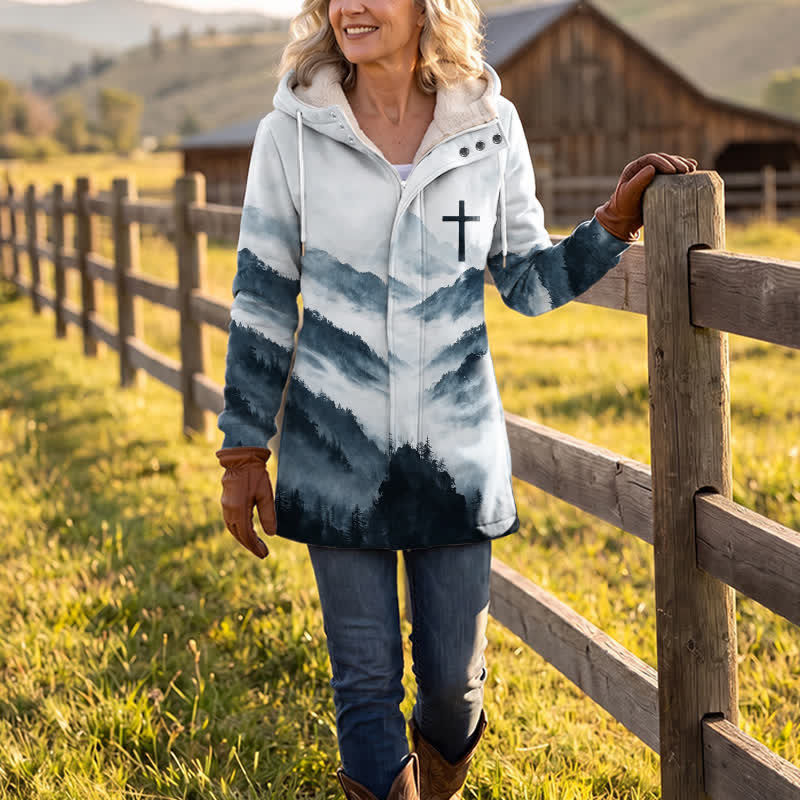 Christianartworkshop Cool-Toned Misty Mountain Cross Fleece Lined Hooded Winter Jacket Coat - image 2