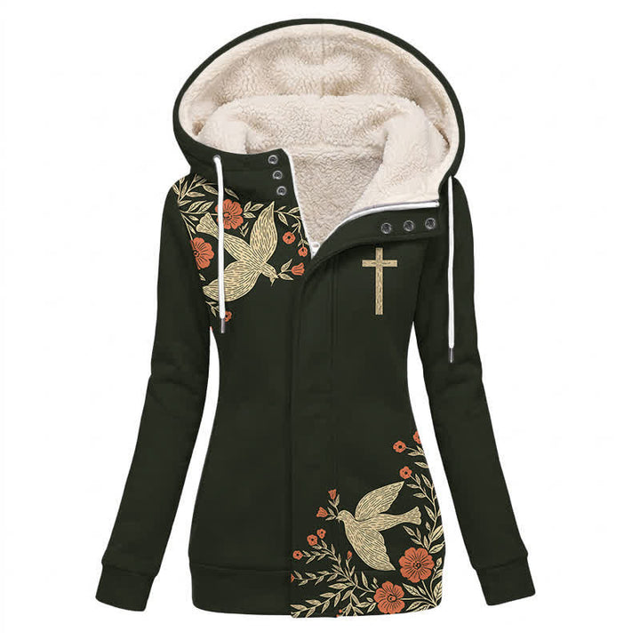 Christianartworkshop Black Floral Cross & Holy Spirit Hooded Fleece Winter Jacket Coat - US16,UK/AU20,EU48(4XL) - image 0