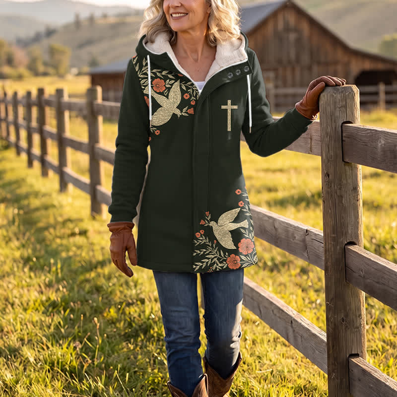 Christianartworkshop Black Floral Cross & Holy Spirit Hooded Fleece Winter Jacket Coat - image 2
