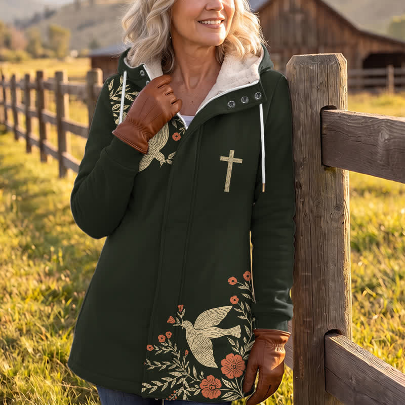Christianartworkshop Black Floral Cross & Holy Spirit Hooded Fleece Winter Jacket Coat - image 3