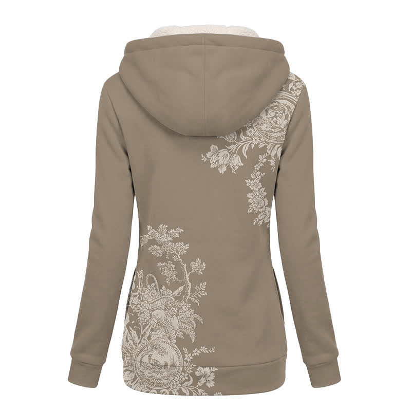 Christianartworkshop Taupe Vintage Floral Cross Fleece Hooded Winter Jacket Coat - image 1