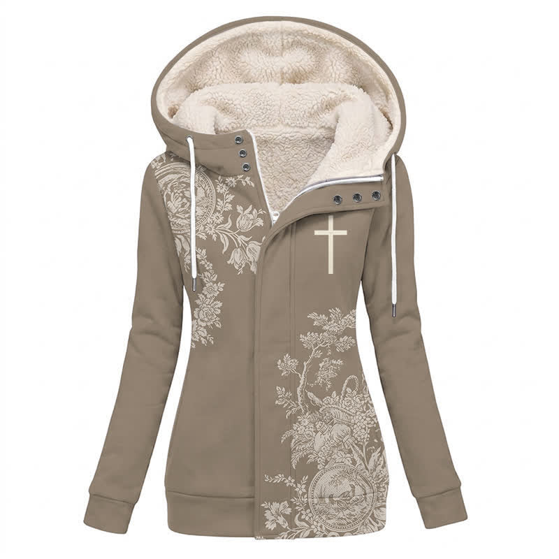Christianartworkshop Taupe Vintage Floral Cross Fleece Hooded Winter Jacket Coat - US16,UK/AU20,EU48(4XL) - image 0